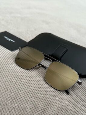 Saint Laurent Silver Frame Sunglasses with Olive/Gold Lenses